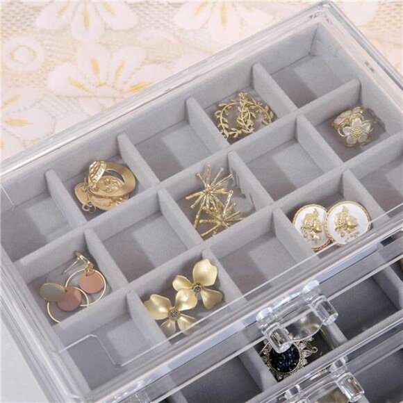 Earring Jewelry Organizer Acrylic Box 5 Drawers Velvet Display Holder Gray Women - Picture 3 of 7